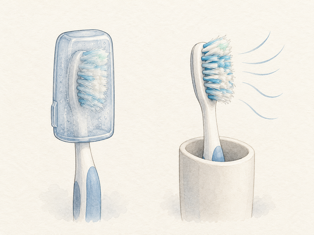 Two toothbrushes compared: one with its brush head sealed inside a closed plastic cap where moisture collects around the bristles, the other standing upright uncovered in an open holder so the bristles can air-dry.