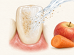 A tooth surface with a thin pellicle film trapping tea-colored pigment particles, while saliva flows across the enamel and rinses them away; a small apple and carrot piece at the edge represent saliva-stimulating foods that support stain control.