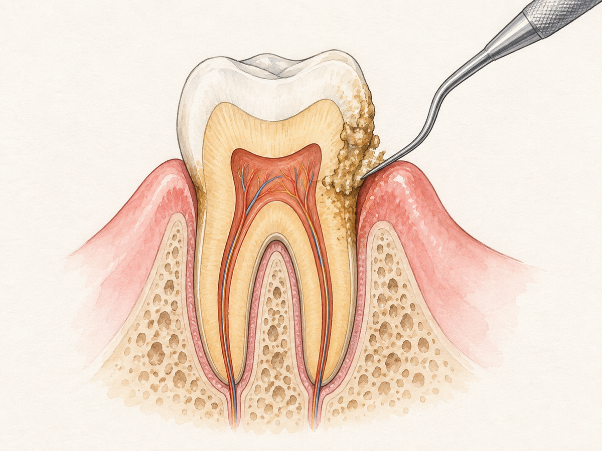 A cross-section of a tooth shows rough, hardened tartar clinging to the enamel and extending under the gumline, while a dental scaler tip removes the deposit, illustrating that calculus must be professionally scaled rather than dissolved.
