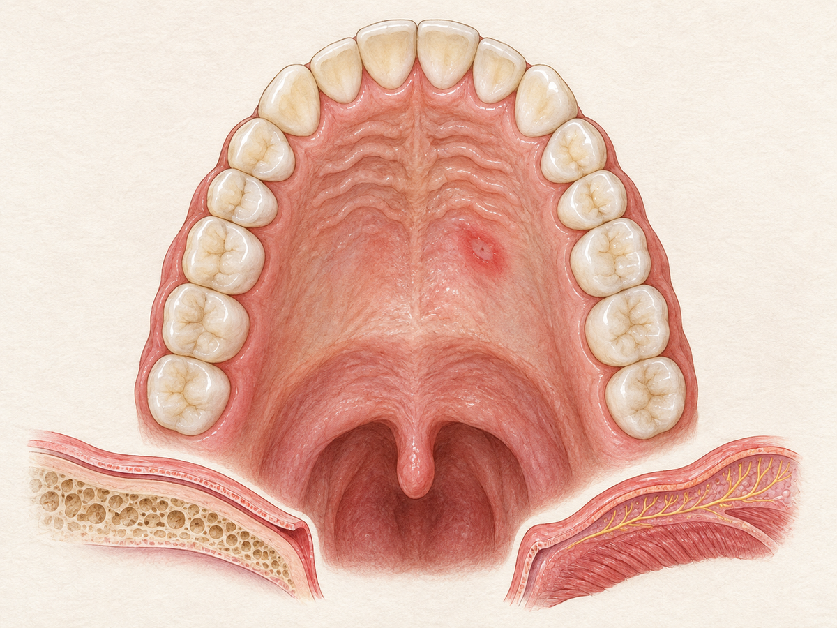 Anatomical view of the roof of the mouth showing the upper teeth, hard palate with ridges, and soft palate with uvula. A small healing sore appears on the hard palate, while a subtle cutaway contrasts thin mucosa over bone with the nerve-rich soft palate.